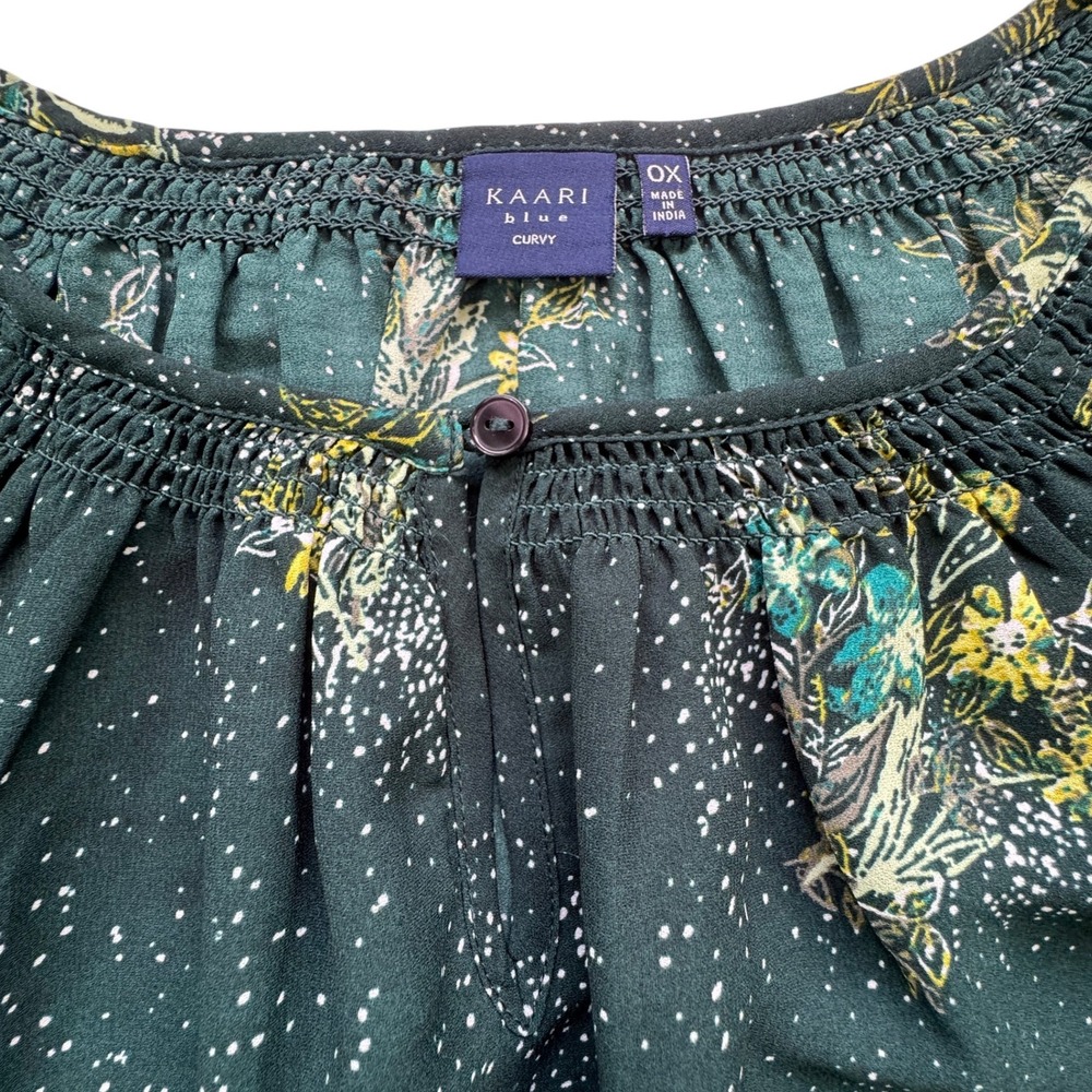 Kaari Blue Curvy Green Floral Blouse Womens 0X Smocked Neck Keyhole Long Sleeve - Picture 3 of 11